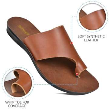 Aerosoft Split Toe Strap Man-Made Leather Ladies Cute Slides Outdoor Travel Dressy Flats Comfortable Walking Casual Summer Sandals for Women Fashion Footwear (Daffodil Soft Brown, Size 9)