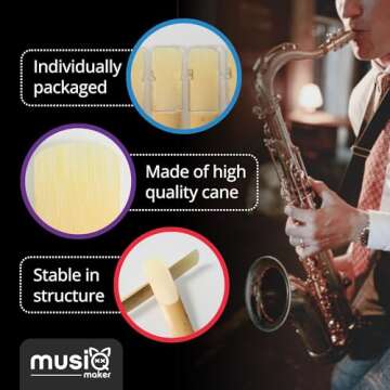 Premium Alto Saxophone Reeds 2.5 Strength,10 Individual Reeds with Box Packaging - Refined Reed Tip Design and Precision Cutting Process, For Beginners and Advanced Players by Musiq Makers