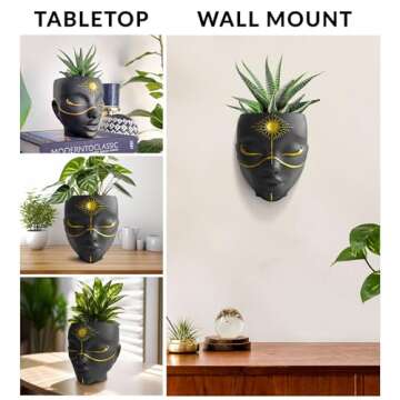 Bossa Linda Head Planter - Indoor & Outdoor Home Decor Gifts for Plant Lovers - for Flat Surface or Wall Mount - Unique Face Planter for Flowers, Succulents, & More (7 inch, Sunsola Design, Black)