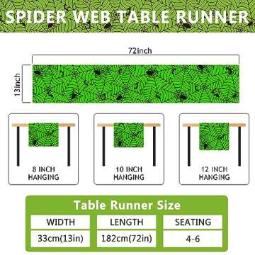 Halloween Table Runner Spider Web Table Runner Green Halloween Table Decorations Halloween Kitchen Decor Spiderweb Table Runner for Seasonal Holidays, Scary Movie Nights Decorations- 13x72 Inch