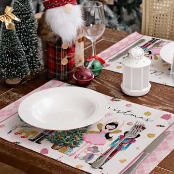 ARKENY Merry Christmas Placemats 12x18 Inches Set of 4,Nutcracker Winter Seasonal Burlap Pink Diamond Farmhouse Indoor Kitchen Dining Table Holiday Decoration for Home Party AP469-18