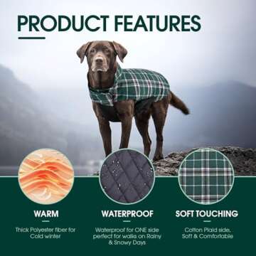 Kuoser Warm Reversible Dog Jacket Waterproof Winter Coat British Style Plaid Pet Clothes Cold Weather Coats Cozy Snow Vest for Small Medium Large Dogs Green XS