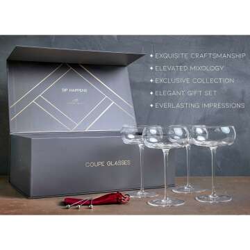 Luxury Coupe Glasses Set of 4-8 Oz Coupe Glass Set with Garnish Picks - Handcrafted Glass Cocktail Glasses in Gift Box - Vintage Champagne Glasses, Martini Glasses - Fancy Bar Glasses