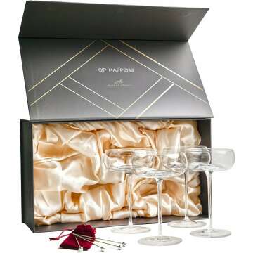 Luxury Coupe Glasses Set of 4-8 Oz Coupe Glass Set with Garnish Picks - Handcrafted Glass Cocktail Glasses in Gift Box - Vintage Champagne Glasses, Martini Glasses - Fancy Bar Glasses