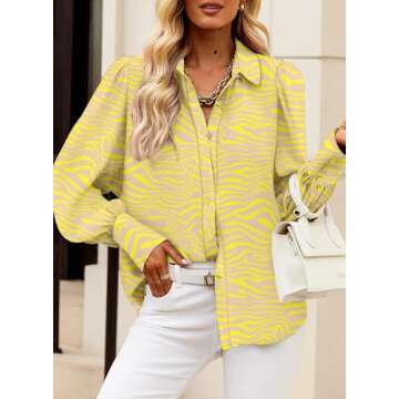 EVALESS Womens Long Sleeve Tops Button Down Shirts for Women Business Casual Boho Outfits Clothes for Work Cute Blouses for Women Fashion 2025 Sexy V Neck Ladies Tops and Blouses Dressy,Yellow,Medium