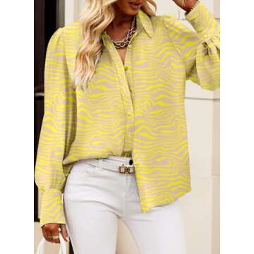 EVALESS Womens Long Sleeve Tops Button Down Shirts for Women Business Casual Boho Outfits Clothes for Work Cute Blouses for Women Fashion 2025 Sexy V Neck Ladies Tops and Blouses Dressy,Yellow,Medium