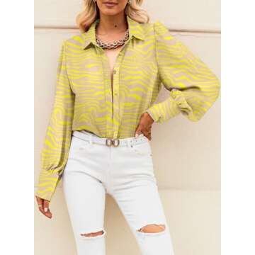 EVALESS Womens Long Sleeve Tops Button Down Shirts for Women Business Casual Boho Outfits Clothes for Work Cute Blouses for Women Fashion 2025 Sexy V Neck Ladies Tops and Blouses Dressy,Yellow,Medium