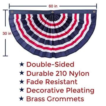 (2 Pack) 60”x30” Striped Red, White and Blue Patriotic Nylon Pleated Bunting Flag Decor w/Grommets- July 4th American Flag Outdoor Use- Americana Inside Outside Porch, Rail, Window Decoration (5x2.5)