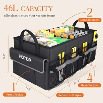 HOTOR Trunk Organizer for Car - Car Organizer with 5 Pockets, Foldable Trunk organizer for SUV, Sedan & Van, Car Organization with Sturdy Base Panel for Car Accessories, Black, 21.3"×12.6"×10.6"