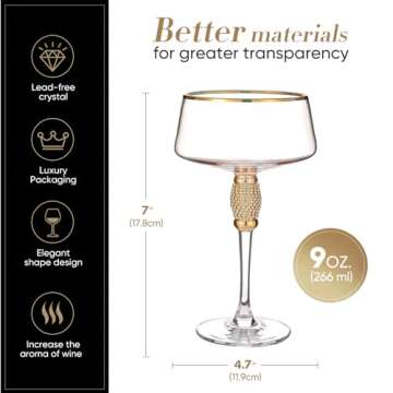 Marlelote,Gold Martini Glasses,Coupe Glass set of 4,Cocktail Glasses,Gold Rimmed&Rhinestones,Margarita Glass,Champagne Tower,Scocktail Glass,Art Deco Glassware,Home Parties,9OZ