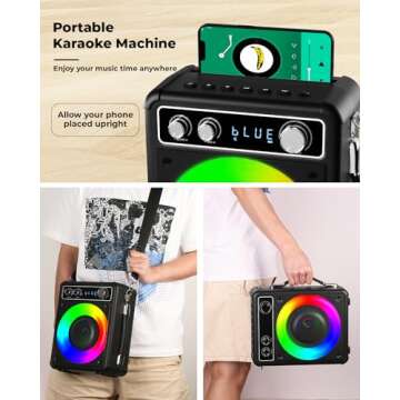 Karaoke Machine for Adults & Kids, Portable Bluetooth Speaker with 2 Wireless Microphones, PA System with LED Light, Karaoke Machine Supports REC/FM/AUX/USB/TF for Party/Meeting