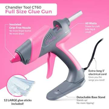 Full Size Hot Glue Gun Kit for Construction, DIY & Crafts, Chandler Tool 60W High Temp Large Glue Gun with Stand-Up base & 12 Glue Sticks, Perfect for Home Repair, Arts & Crafts, Pink