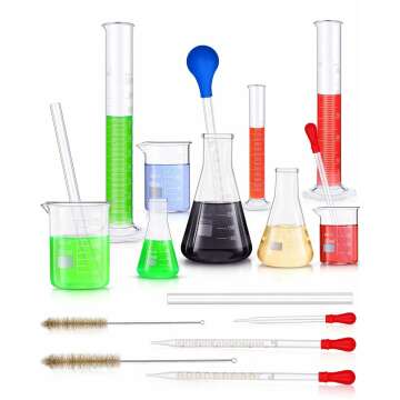 18 Pieces Lab Glassware Set Beaker Flask Cylinder Set Includes 3 Glass Beakers 3 Erlenmeyer Flasks 3 Graduated Measuring Cylinders with Droppers Brushes and Glass Stirring Rod for Lab Experiment