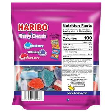 Haribo Gummi Candy | Berry Clouds in a Resealable Stand Up Bag | Blueberry, Wildberry, & Strawberry, 7.5 oz.