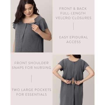 Kindred Bravely Universal 3-in-1 Labor and Delivery Gown for Hospital, Postpartum Nursing (Grey Heather, XL-XXL)