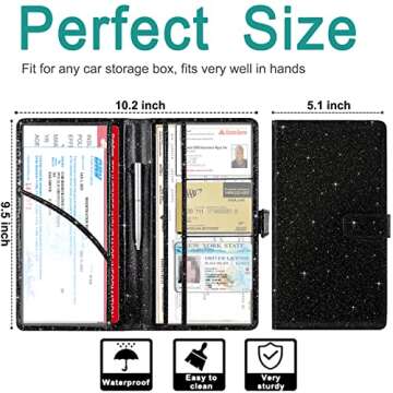 RSAquar Car Registration and Insurance Holder, Vehicle Glove Box Organizer Cool Car Accessories, Car Document Holder for Cards, Driver License & Essential Document, Black Glitter