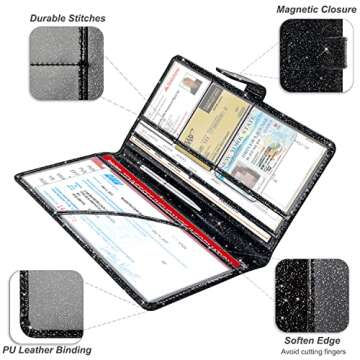 RSAquar Car Registration and Insurance Holder, Vehicle Glove Box Organizer Cool Car Accessories, Car Document Holder for Cards, Driver License & Essential Document, Black Glitter