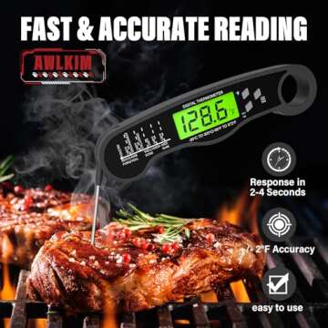 Meat Thermometer Digital - Fast Instant Read Food Thermometer for Cooking, Candy Making, Outside Grill, Waterproof Kitchen Thermometer with Backlight, Stocking Stuffers for Adult Men - Grey