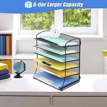 EASEPRES Extra Thick 6-Tier Mesh Desk Organizer Tray, Desktop File Folder Sorter Holder for Mail Paper Document Letter Organization Storage Accessories, for Office Home School Classroom, Black