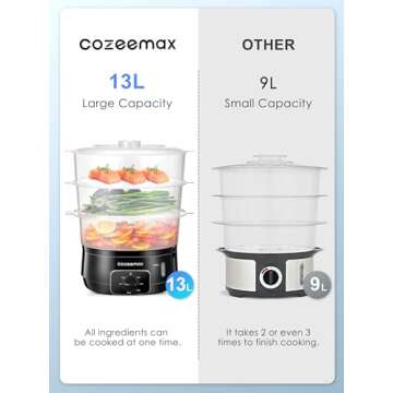 Cozeemax 3 Tier Electric Food Steamer for Cooking, 13.7QT Vegetable Steamer for Fast Simultaneous Cooking, Veggie Steamer, Food Steam Cooker, 60 Minute Timer, BPA Free Baskets, 800W(Black)