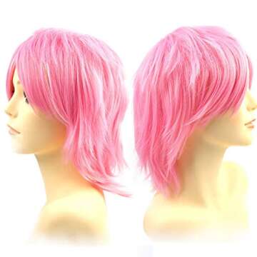 Modernfairy Anime Halloween Wig Pink for Cosplay Party, Synthetic Layered Short Hair Wigs with Bangs, Pastel Wigs for Women Men