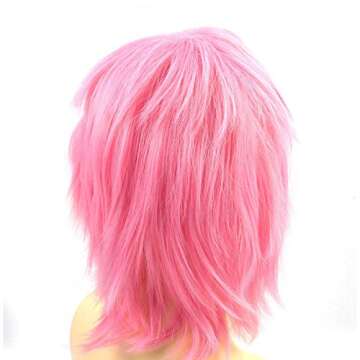 Modernfairy Anime Halloween Wig Pink for Cosplay Party, Synthetic Layered Short Hair Wigs with Bangs, Pastel Wigs for Women Men