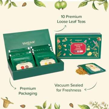 VAHDAM, Assorted Loose Leaf Tea Sampler (10 Teas) Non-GMO, Gluten Free | Whole Loose Leaf Tea Sampler | Tea Variety Pack | Tea Gift Set | Gifts for Women & Men