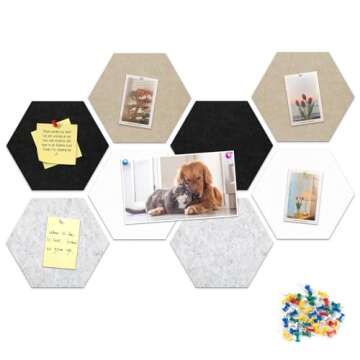 Uoisaiko 12" Large Bulletin Board with 30 Push Pins, Pack of 8 Hexagon Felt Pin Board Notice Boards for Home Office Kitchen, Felt Wall Tiles for Photos Memos