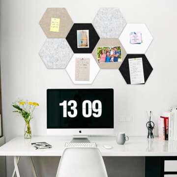 Uoisaiko 12" Large Bulletin Board with 30 Push Pins, Pack of 8 Hexagon Felt Pin Board Notice Boards for Home Office Kitchen, Felt Wall Tiles for Photos Memos