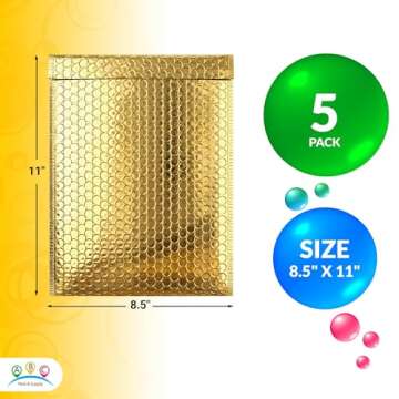 ABC Gold Metallic Bubble Mailers, 8.5 x 11 Inches. 5 Pack Bubble Mailers Metallic. Aluminum Foil and Polyethylene Metallic Bubble Envelope. Waterproof Metallic Packaging Envelopes for Jewelry