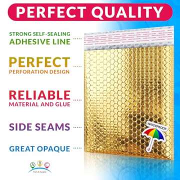 ABC Gold Metallic Bubble Mailers, 8.5 x 11 Inches. 5 Pack Bubble Mailers Metallic. Aluminum Foil and Polyethylene Metallic Bubble Envelope. Waterproof Metallic Packaging Envelopes for Jewelry