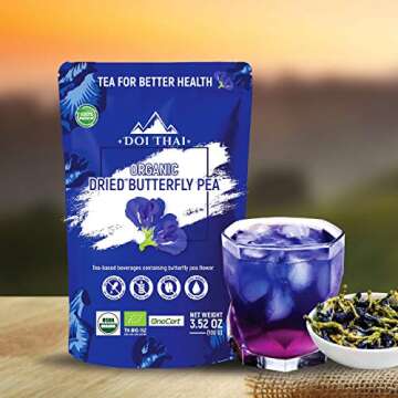 Butterfly Tea Flower - NON GMO Rich Healthy Herbal Blue Tea - Pure Dried Clitoria Ternatea Flowers for Drinks, Food Coloring, Baking By Doi THAI