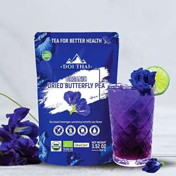 Butterfly Tea Flower - NON GMO Rich Healthy Herbal Blue Tea - Pure Dried Clitoria Ternatea Flowers for Drinks, Food Coloring, Baking By Doi THAI