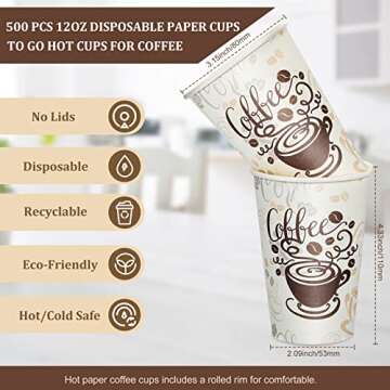 Gerrii 500 Pack Disposable Coffee Cups, Paper Coffee Cups Hot/Cold Beverage Drinking Cups for Everyday Use, Party, Picnic, Cafe, Catering, and Events (12 oz)