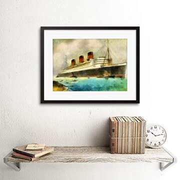 Rms Queen Mary Liner Cruise Ship Watercolour Black Framed Art Print B12X2457