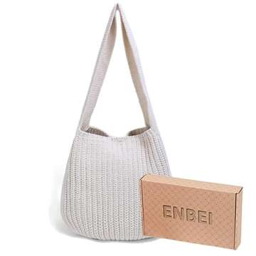 ENBEI Women's Handcrafted Crochet Tote Bag Knit Shoulder bag,All-Season Handwoven Beach Bag, Cute Eco-Friendly Handmade Tote for Shopping, Travel, Daily Use, Gift Box Packaging（White）