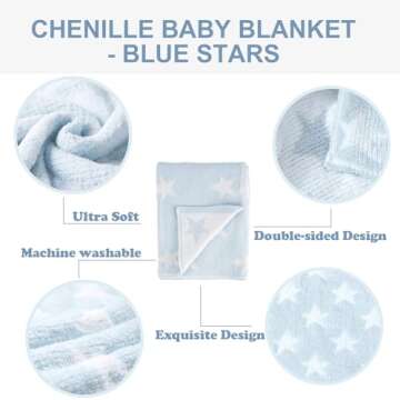 Little Grape Land Chenille Baby Blanket,Baby Blankets for Boys Gilrs Newborn,Soft Fuzzy Warm Swaddle Receiving Blanket Toddler Blanker for Crib Stroller Infant Nursery,40x30 Inches(Blue Stars)