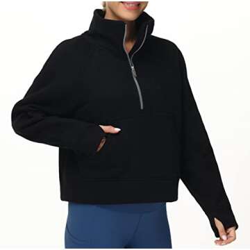 THE GYM PEOPLE Womens' Half Zip Pullover Fleece Stand Collar Crop Sweatshirt with Pockets Thumb Hole Black