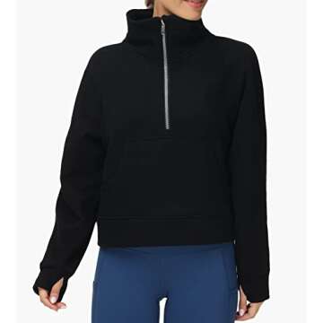 THE GYM PEOPLE Womens' Half Zip Pullover Fleece Stand Collar Crop Sweatshirt with Pockets Thumb Hole Black