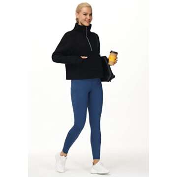 THE GYM PEOPLE Womens' Half Zip Pullover Fleece Stand Collar Crop Sweatshirt with Pockets Thumb Hole Black