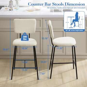 Barstools Set of 2 Counter Height Bar Stools : Modern White Upholstered Boucle Fabric Bar Stool for Kitchen Bistro Pub Armless Bar Chair with Metal Base for Dining Room Counter Island