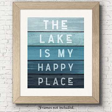 Minimalist Style Lake Happy Place Quote Prints, 1 (8x10) Unframed Photos, Wall Art Decor Gift for Home Office Work Garage Kitchen Bathroom House Cabin Lodge Nature Earth Outdoors Life Boating Humor