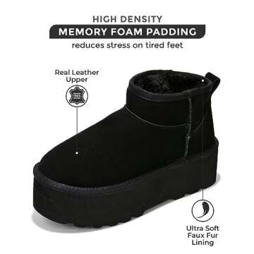 Project Cloud 100% Genuine Suede Leather Ankle Boots for Women - Fur Boots Memory Foam Womens Boots - Anti-Slip Mini Platform Boots, Lightweight Winter Boots for Women Snow Boots (Huggy, Black, 5.5)