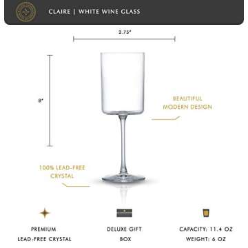 JoyJolt Claire 11.4oz White Wine Glass Set. Crystal Glasses. Elegant Stemware Stemmed Wine Glasses Made in Europe. Unique and Modern Wine Glasses with Stem. Set of 2