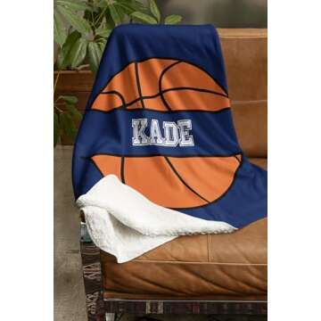 Personalized Custom Basketball Fleece and Sherpa Throw Blanket for Kids Youth Basket Ball Indoor Outdoor Blankets Boys Girls Toddler Mini Hoop Fans Toys Apparel