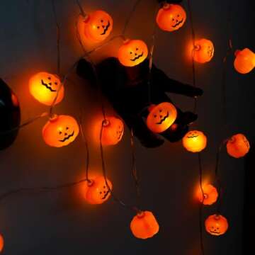 Swoolfe Pumpkin Halloween Lights - 2 Modes 9.8 Ft 20 Led Pumpkin String Lights Battery Operated, Halloween Pumpkin Lights Decorations Halloween Lights for Indoor Bedroom Halloween Decorations