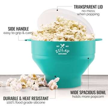 Zulay Microwave Popcorn Popper - BPA-Free Silicone Popcorn Popper Microwave Popcorn Bowl - Collapsible Microwave Popcorn Maker - Family Movie Night Supplies - Aqua