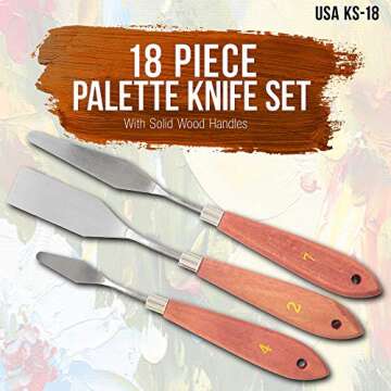 U.S. Art Supply 18-Piece Artist Stainless Steel Palette Knife Set - Wood Hande Flexible Spatula Painting Knives for Color Mixing Spreading, Applying Oil, Acrylic, Pouring Paint on Canvases, Cake Icing