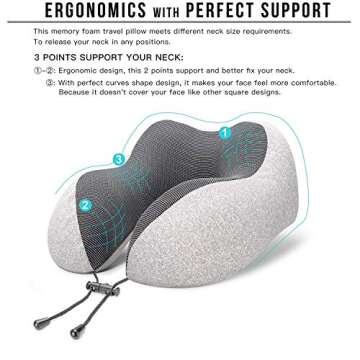 MLVOC Travel Pillow 100% Pure Memory Foam Neck Pillow, Comfortable & Breathable Cover, Machine Washable, Airplane Travel Kit with 3D Sleep Mask, Earplugs, and Luxury Bag,Standard (Grey)