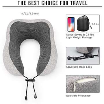 MLVOC Travel Pillow 100% Pure Memory Foam Neck Pillow, Comfortable & Breathable Cover, Machine Washable, Airplane Travel Kit with 3D Sleep Mask, Earplugs, and Luxury Bag,Standard (Grey)